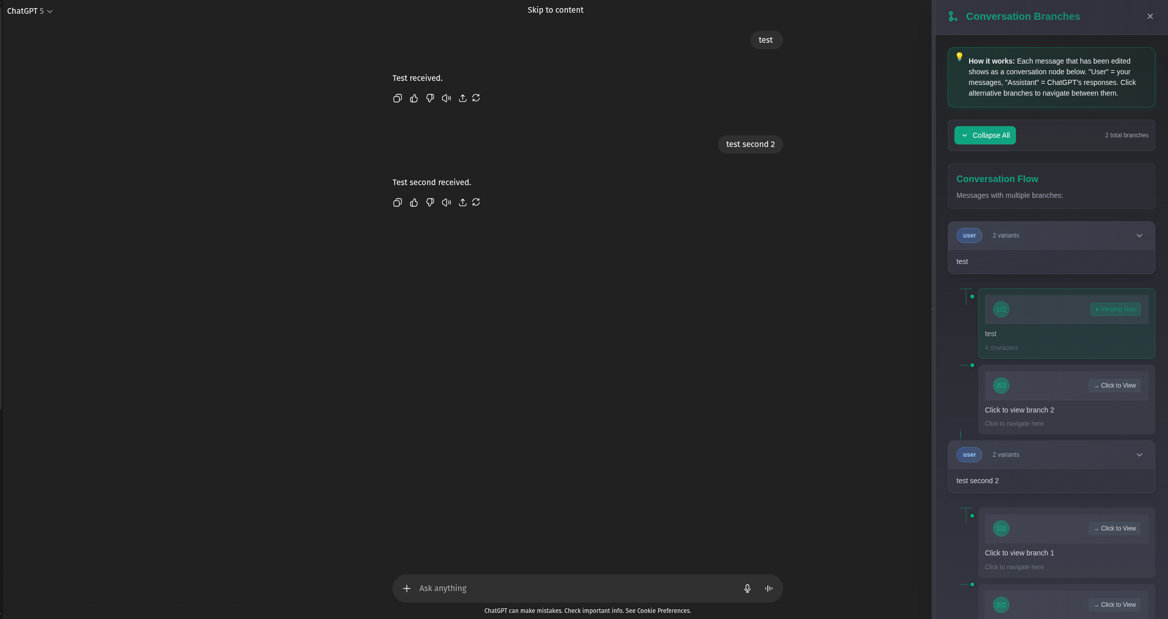 BranchGPT Navigation Between Conversation Branches